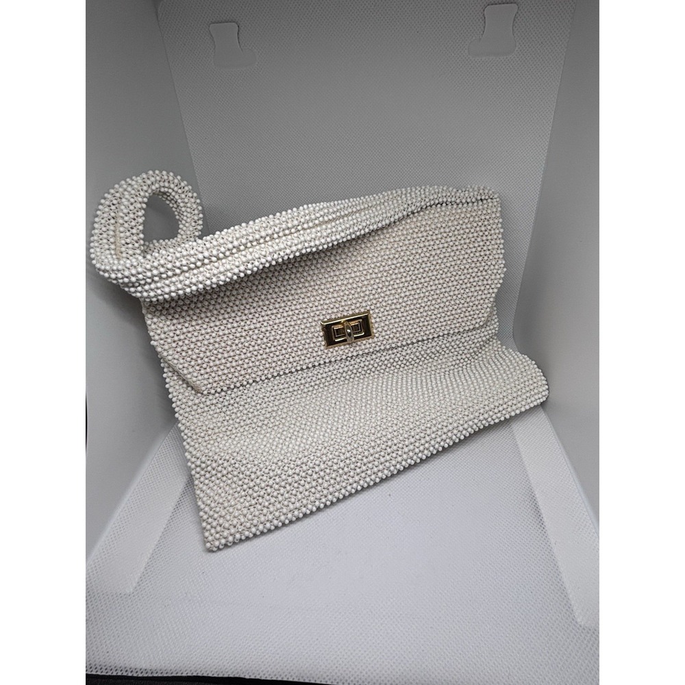 VTG 1950s-1960s Lumured Corde Bead, Cream Beaded Handbag, Gold Turn Lock USA‎